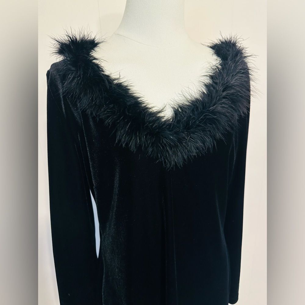 Vintage Vera Mont Black Velvet with feathered trim around the neckline size L